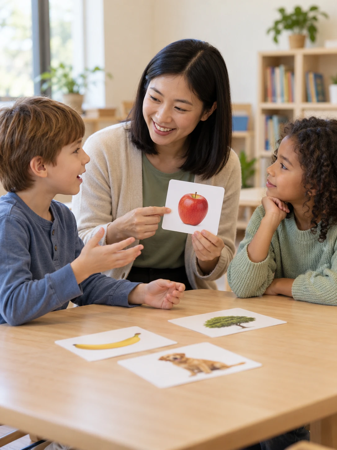 Illustrative scene of a teacher and two children practicing conversation with picture cards