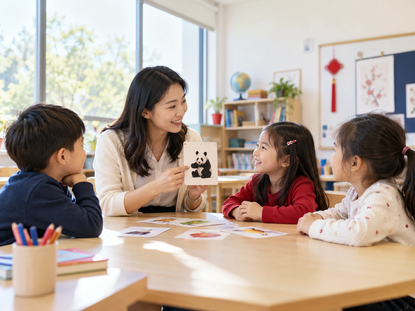 A teacher sharing Chinese learning materials with three children