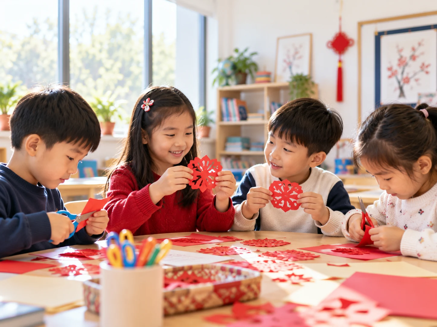 Children creating paper-cutting crafts together