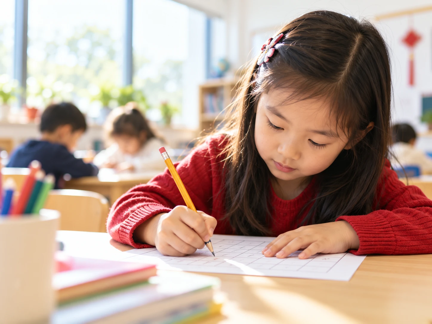 A child practicing writing at a classroom table